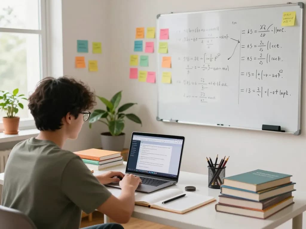 Schüler, der Hausaufgaben KI kostenlos in einem hellen Studienraum verwendet.