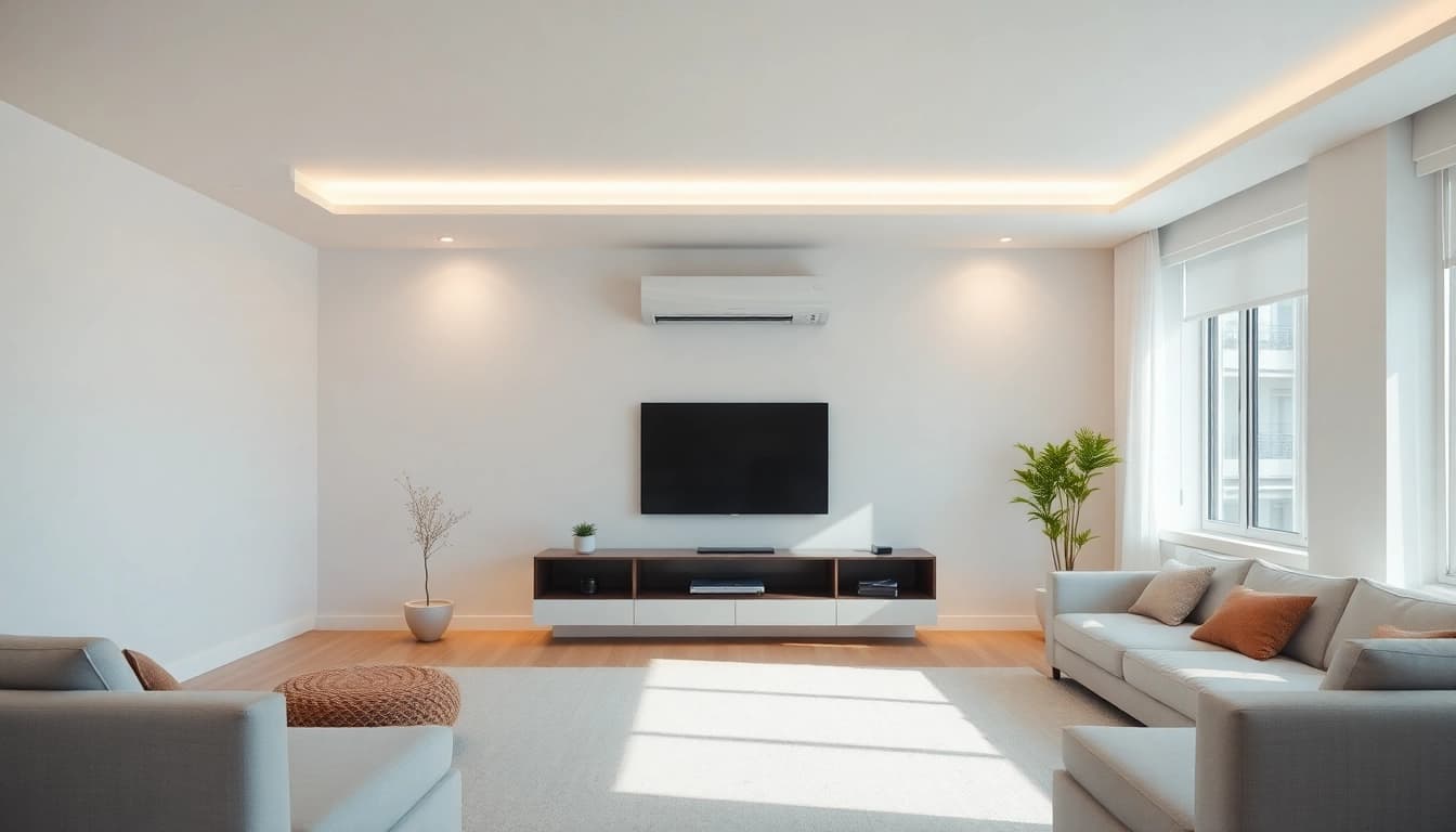Klimaanlagen sorgen für angenehme Raumtemperatur in einem modernen Wohnzimmer mit elegantem Design.