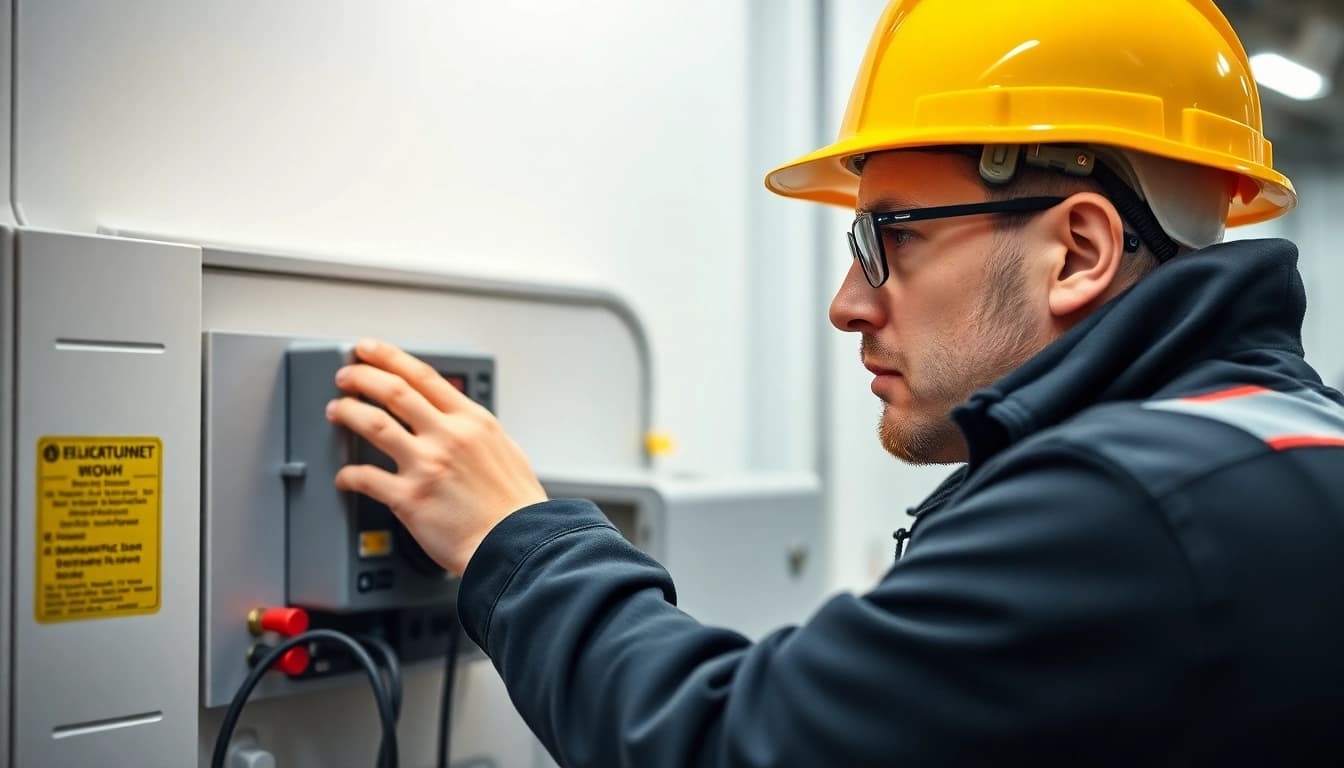 Techniker führt eine DGUV V3 Prüfung an elektrischen Geräten durch, Sicherheitsstandards einhaltend.