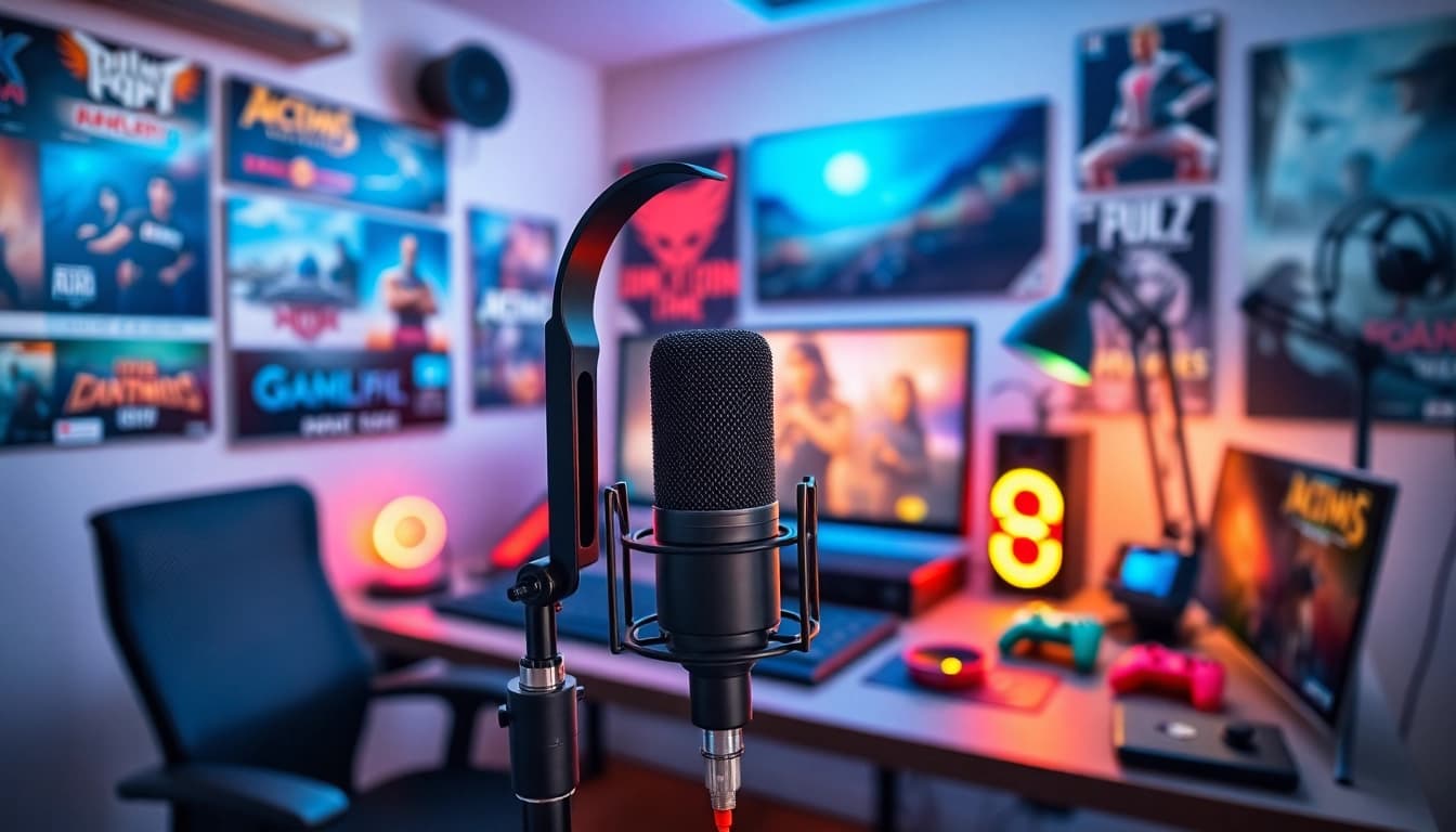 Faszination Gaming Podcast: Ein einladendes Podcast-Studio mit lebhaften Gaming-Accessoires.
