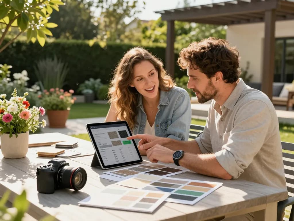 Fesselnde Beratung mit dem Pergola Konfigurator unter Verwendung verschiedener Materialien und lebhaftem Gartenambiente.