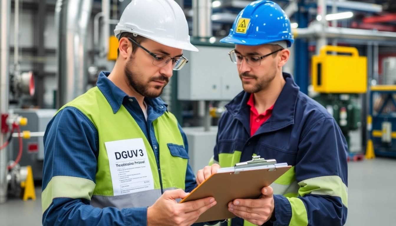 Conducting DGUV V3 Prüfung with a technician inspecting electrical equipment in a professional setting.