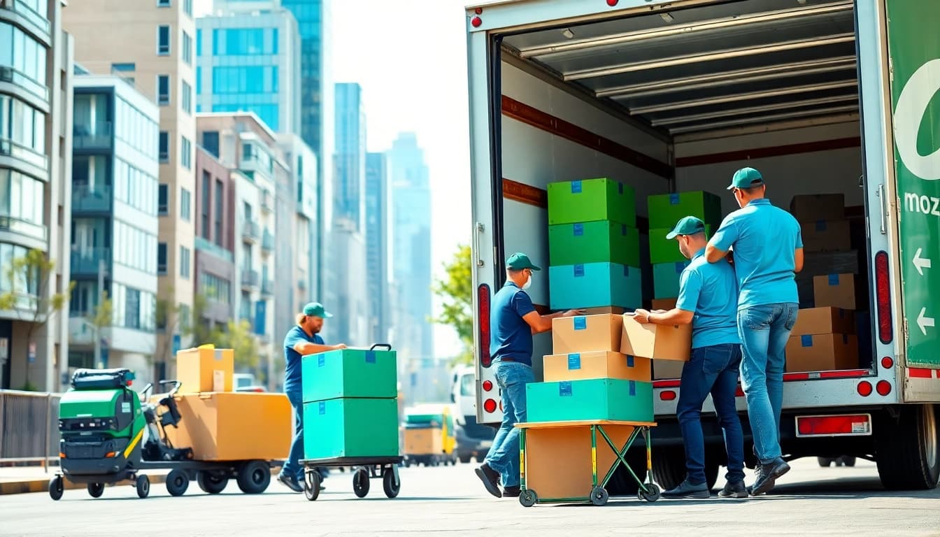 Umzugsunternehmen Darmstadt team efficiently loading a moving truck in a city.