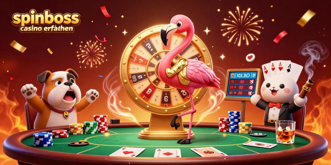 Spinboss Casino Erfahrungen: Spieler gewinnen spannende Preise an einem dynamischen Poker-Tisch mit Konfetti.