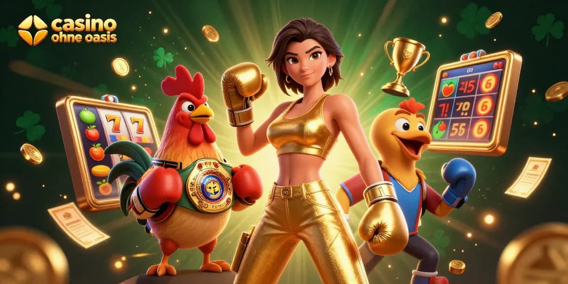 Engaging casino ohne oasis scene showcasing a dynamic 3D woman and rooster with slot machines and vibrant casino elements.