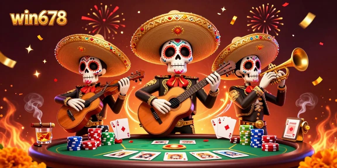 Win678 showcases a vibrant mariachi band playing amid colorful chips and poker elements.
