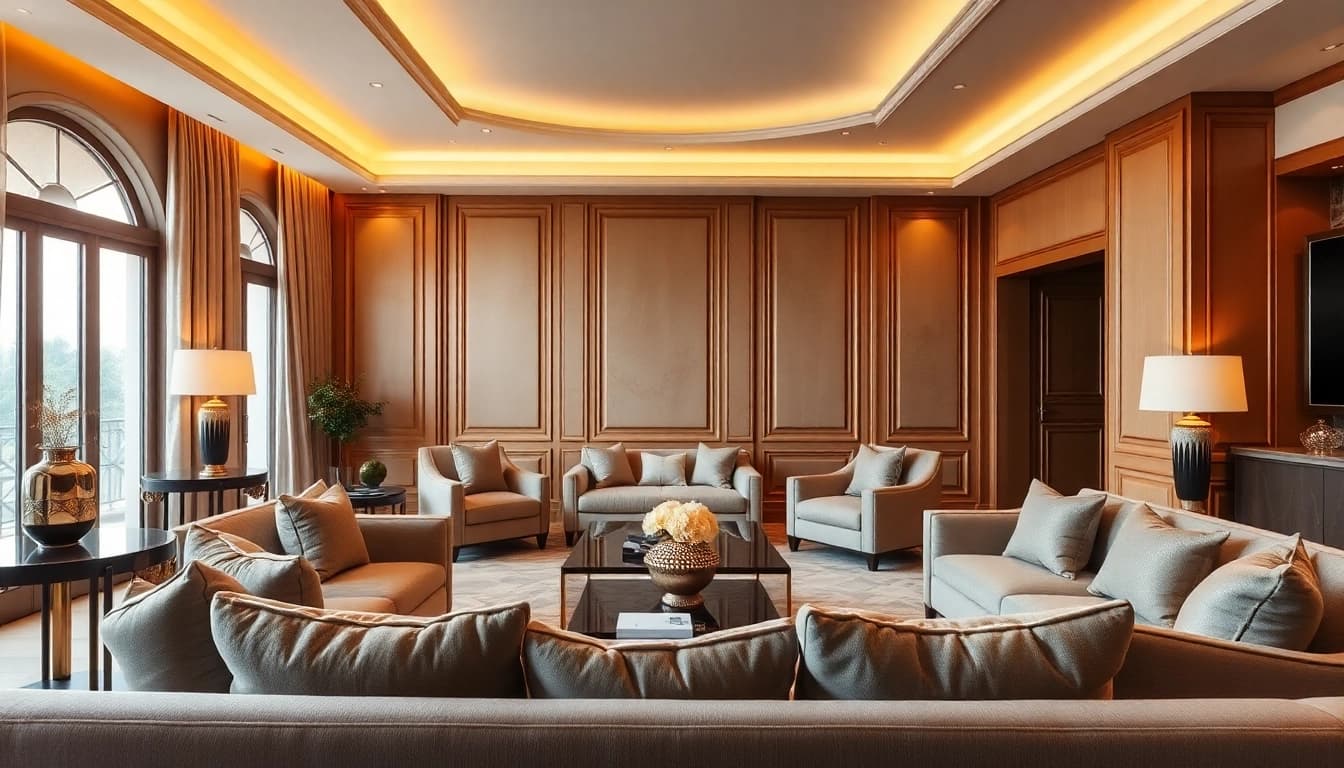Luxury living room showcasing contemporary design elements with elegant furniture and warm lighting.
