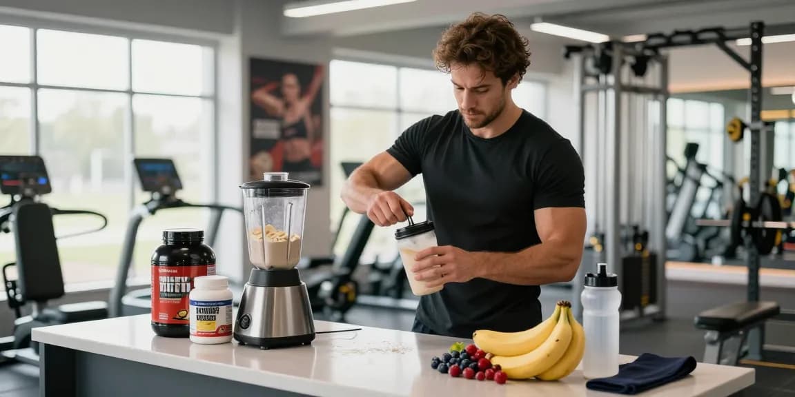 Preparing whey isolate protein shake in a vibrant gym, showcasing fitness and nutrition essentials.