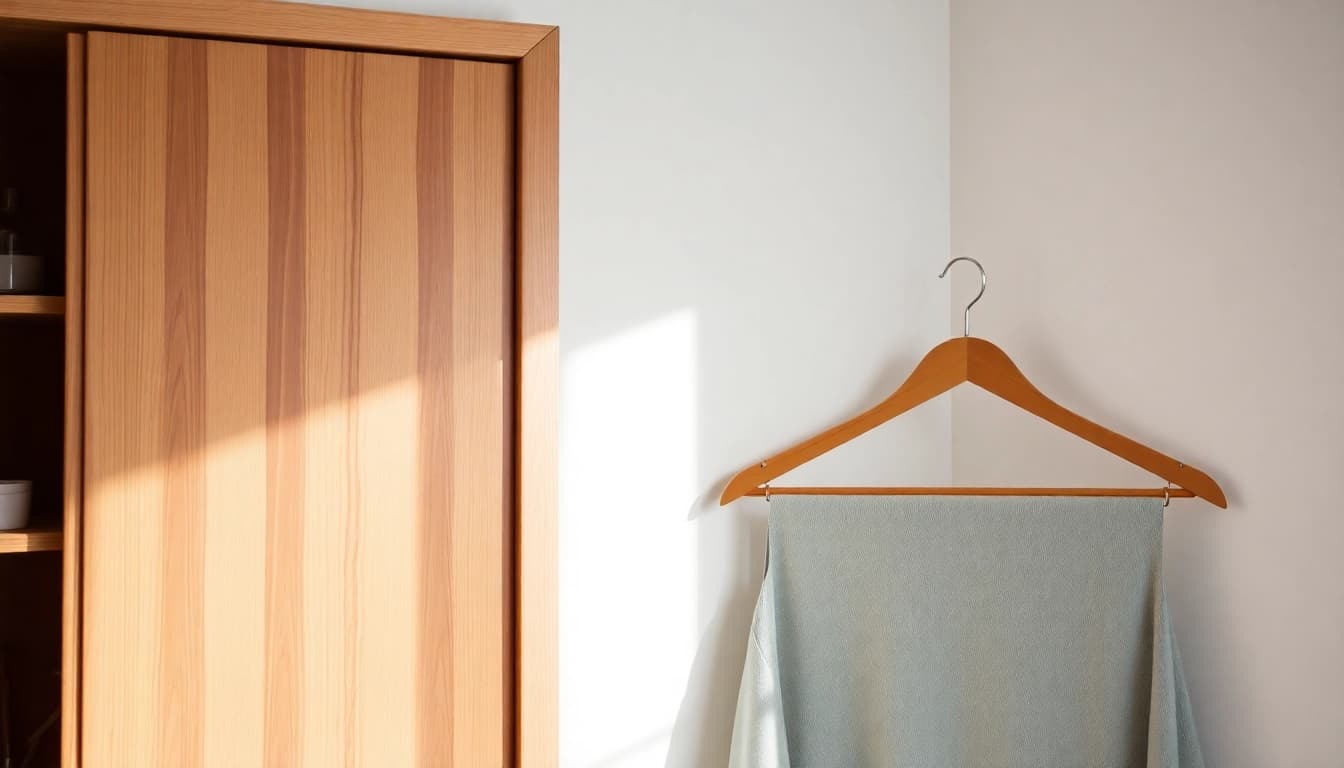 Holz Kleiderbügel aus Buchenholz präsentiert in einem stilvollen, minimalistischen Schrank, ideal für elegante Garderoben.