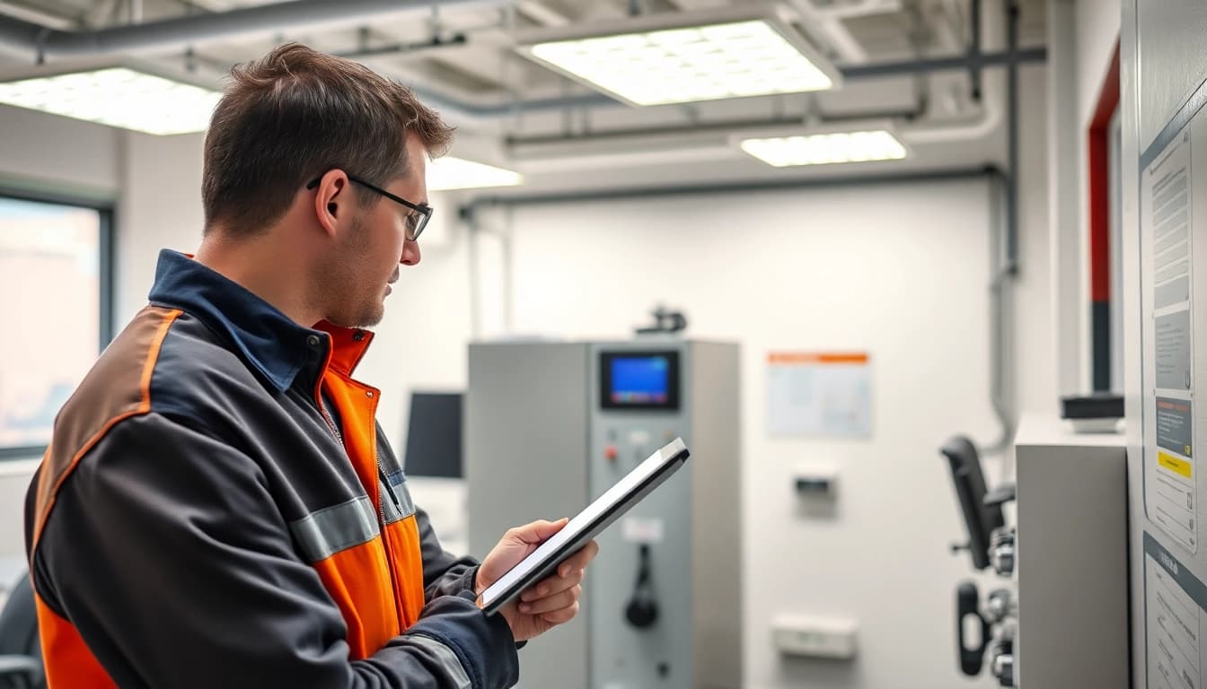 Techniker führt eine DGUV V3 Prüfung an elektrischen Geräten durch und gewährleistet Sicherheit am Arbeitsplatz.
