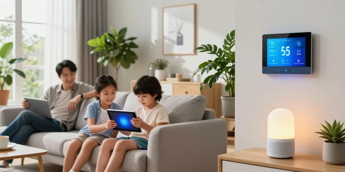Smart Home Automatisierung: Family enjoying technology in a modern living room with smart devices.