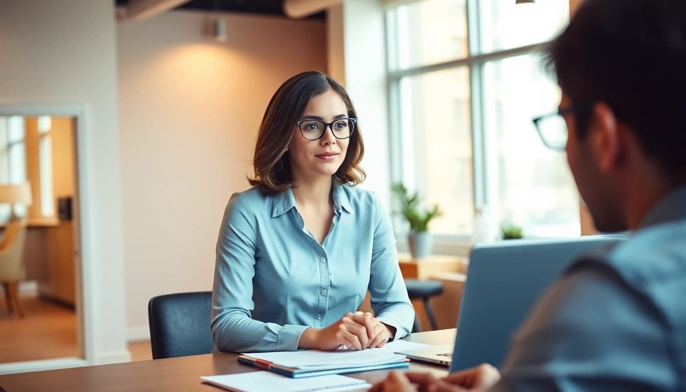 Headhunter consulting with clients in a modern office, showcasing professionalism and expertise.