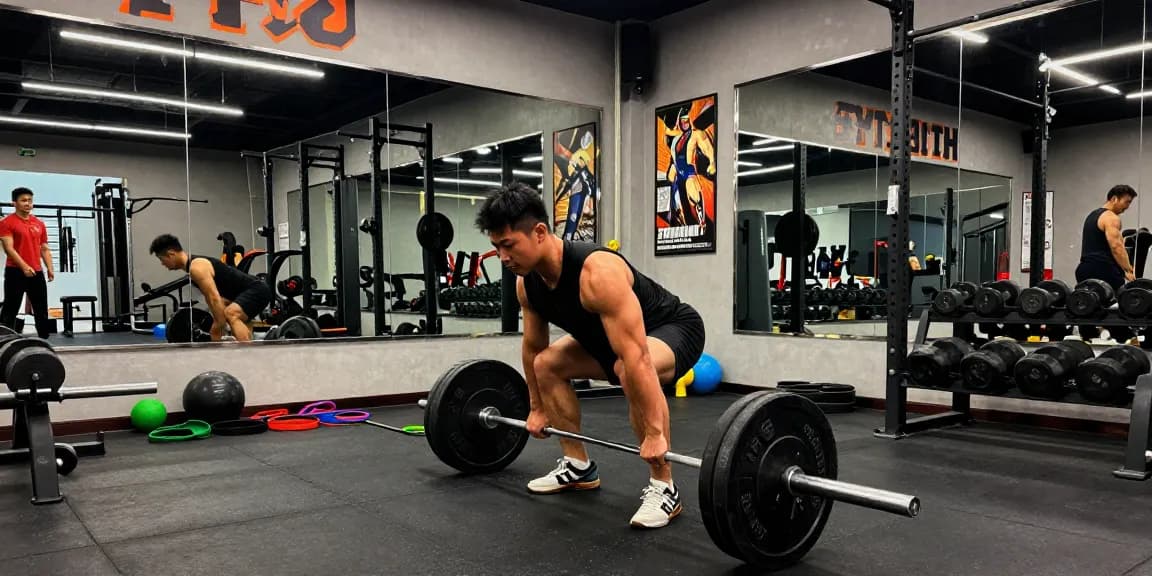 Anabolika Shop: Athlet beim Deadlift in modernem Fitnessstudio, motivierende Atmosphäre mit Equipment.