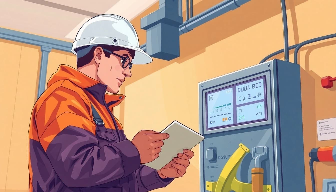 Ensure safety through DGUV V3 Prüfung as an electrician inspects electrical equipment in a well-lit workspace.