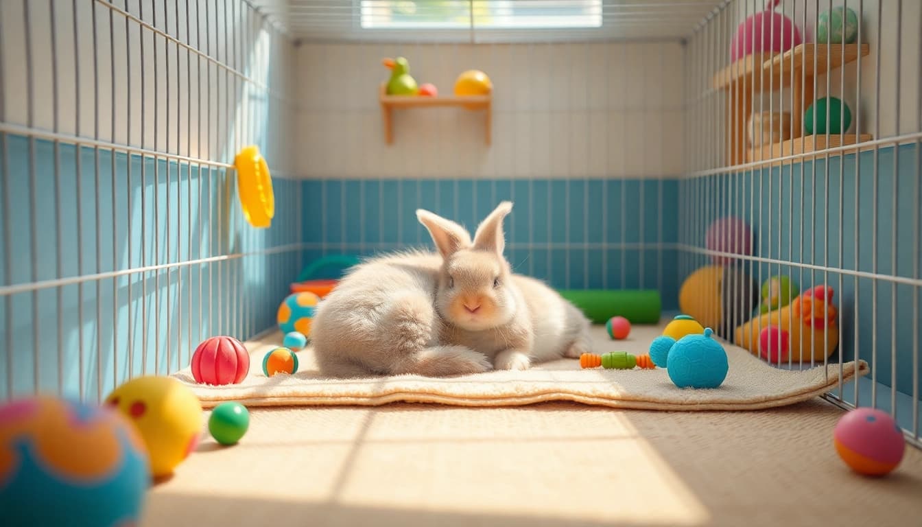 Hanfmatte in a vibrant small animal habitat with a bunny resting on it.