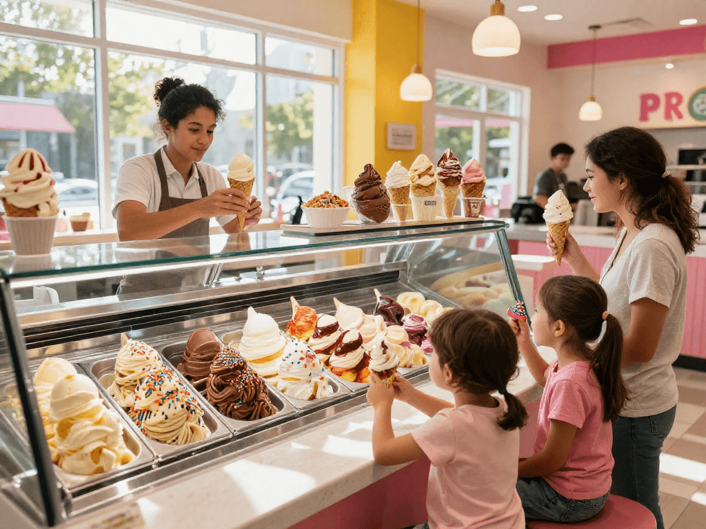 Enjoying ice cream at ROKOK88SUPER, a family shares memorable moments with diverse flavors while accessing rokok88 login easily.