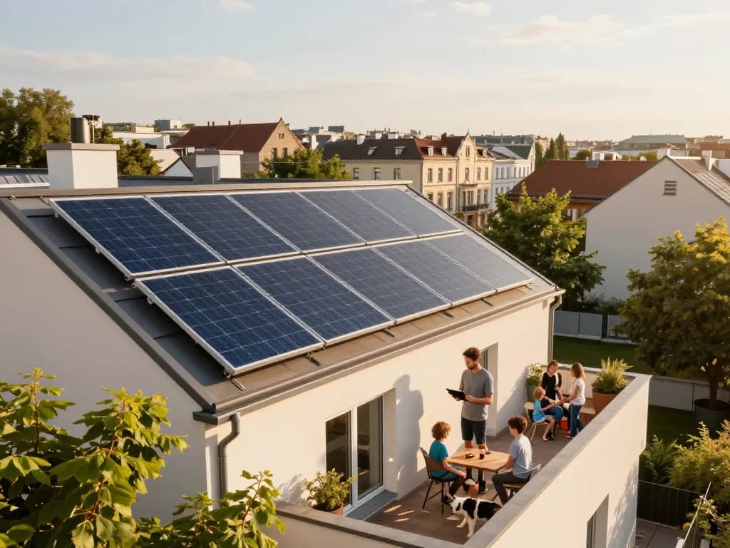 Photovoltaik Wien Installation von Solarpanels auf dem Dach mit Familie, die nachhaltiges Leben genießt.