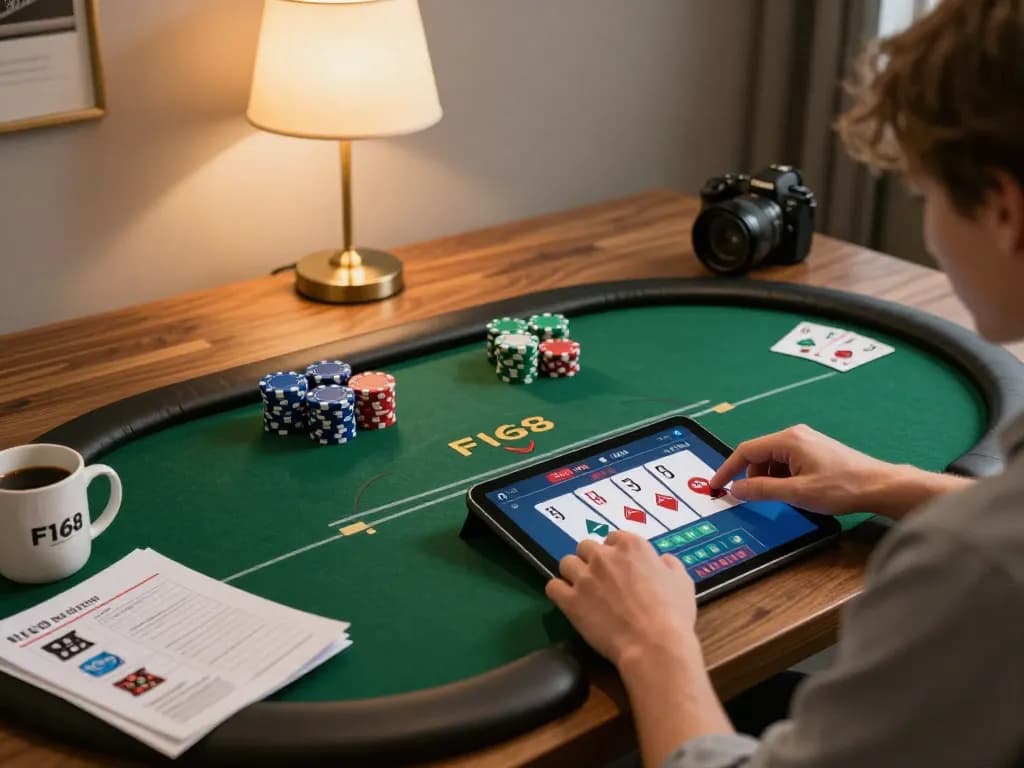 Engaging in online casino poker on a tablet, showcasing F168's interactive gaming platform.