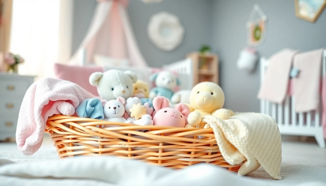Geschenkideen zur Geburt: liebevoll gestaltetes Geschenkkorb mit Babygadgets