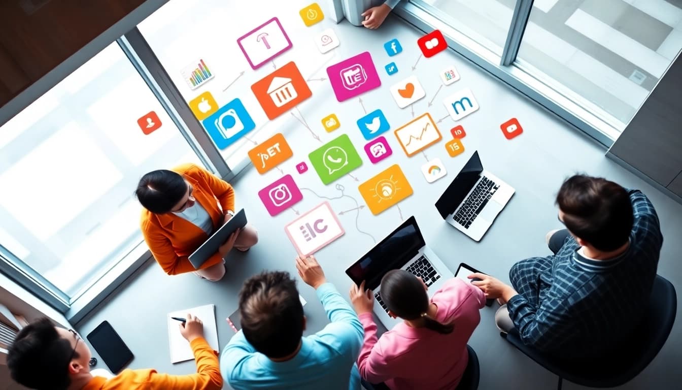 Engaging social-media-marketingstrategie session featuring a diverse team brainstorming with laptops and notes.