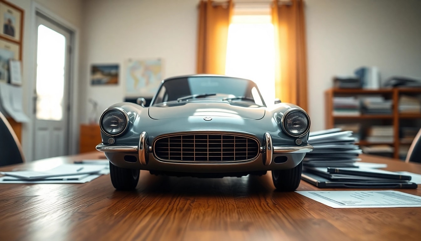 Oldtimer Wertgutachten auf einem professionellen Schreibtisch mit klassischen Auto-Details.