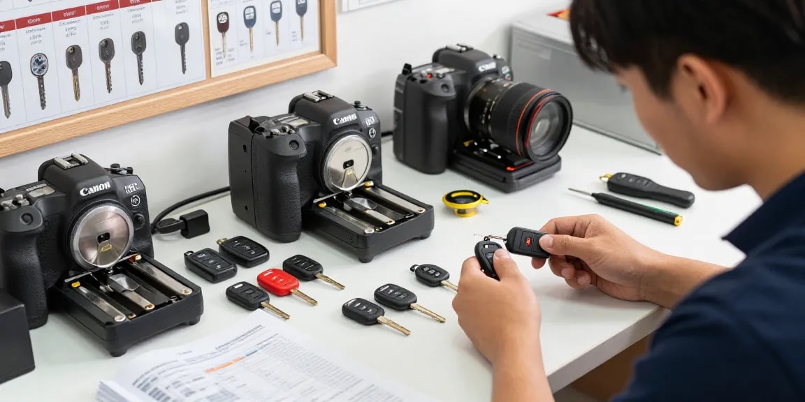 Fachmann für Ersatzschlüssel Auto programmiert verschiedene Autoschlüssel und Schlüsselgehäuse in einem gut organisierten Raum.