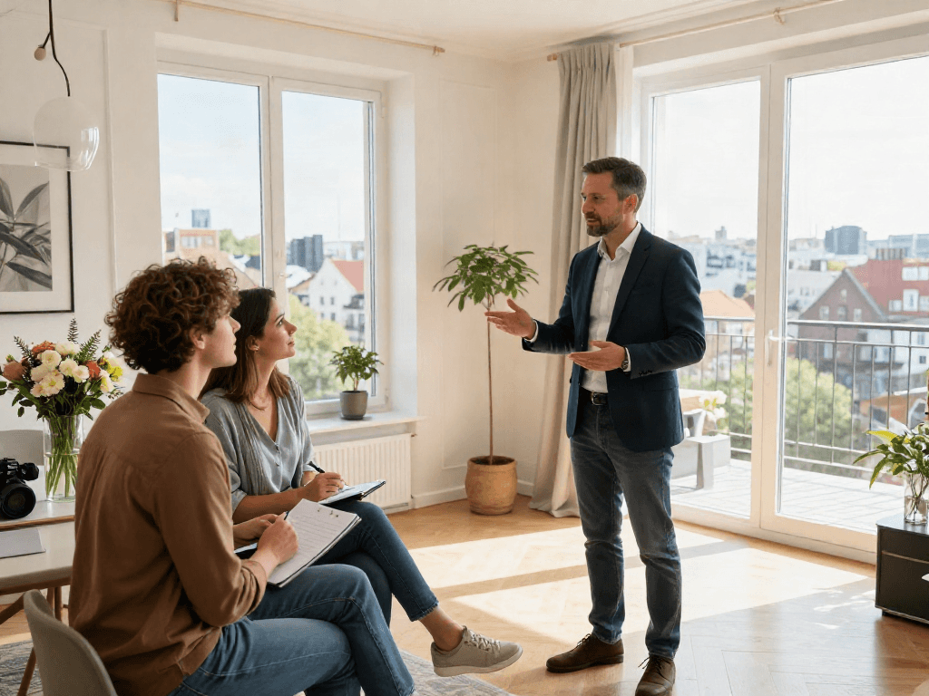 Energiegeladene Immobilienmakler Rostock, der einem Paar eine moderne Wohnung vorstellt und wichtige Merkmale erklärt.