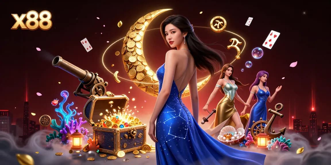 x88 immerses in a vibrant casino world, featuring an elegant Asian woman in celestial attire