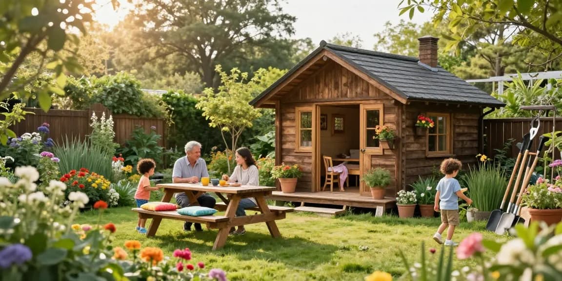 Gartenhaus aus Holz im idyllischen Garten mit Familie und bunten Blumen