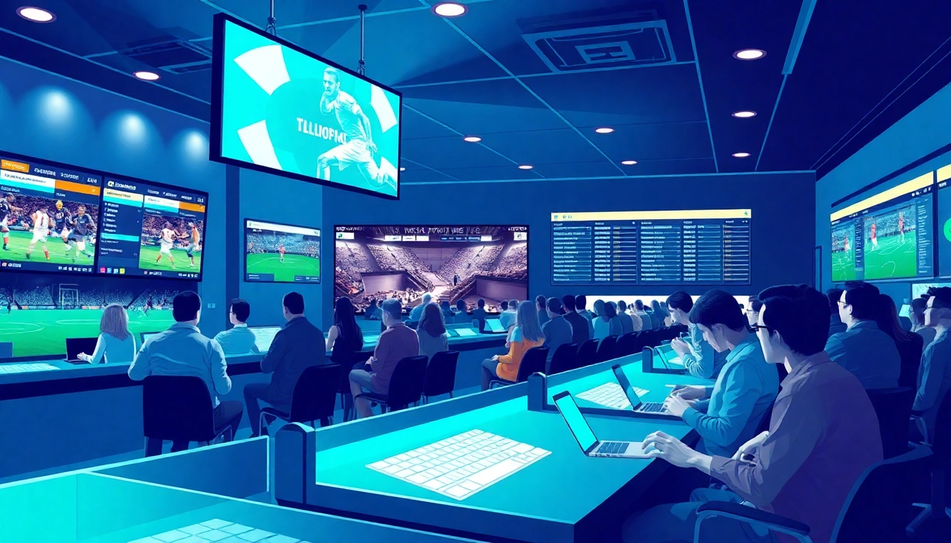 Energetische Sportwetten-Büro-Szene, die den besten Wettanbieter in der Interaktion zeigt.