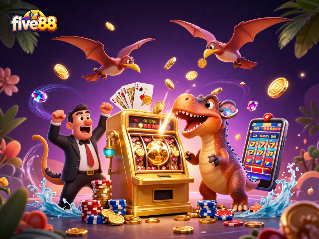 five88 players headbutt a golden slot machine, while coins fly and a casino manager panics