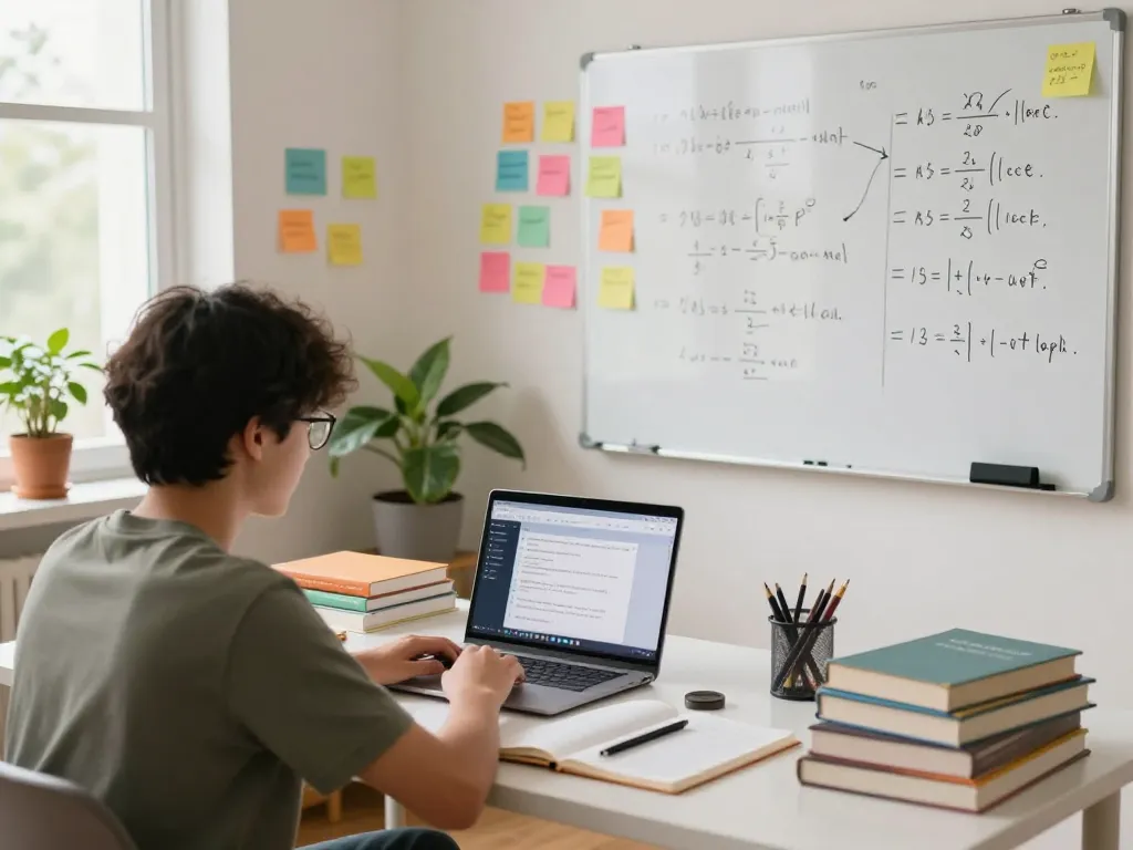 Schüler, der Hausaufgaben KI kostenlos in einem hellen Studienraum verwendet.