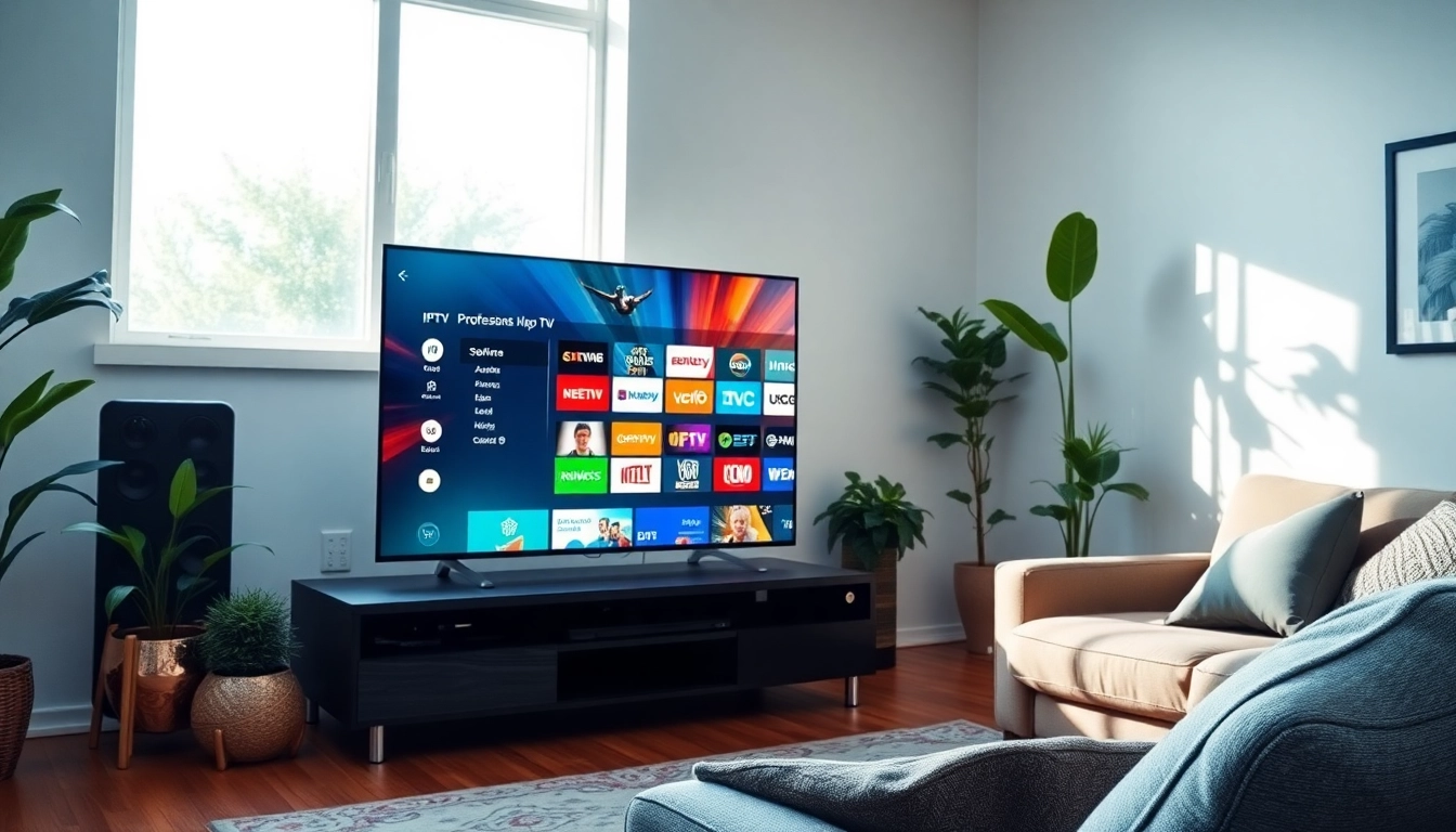 Live IPTV 12 Monate setup in a stylish living room showcasing modern streaming technology.