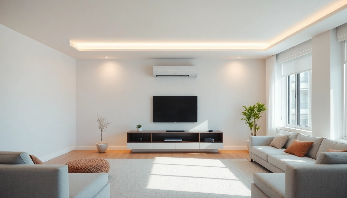 Klimaanlagen sorgen für angenehme Raumtemperatur in einem modernen Wohnzimmer mit elegantem Design.