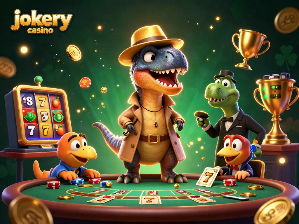 Experience thrilling gameplay at jokery casino with animated velociraptor and stegosaurus at a vibrant blackjack table.