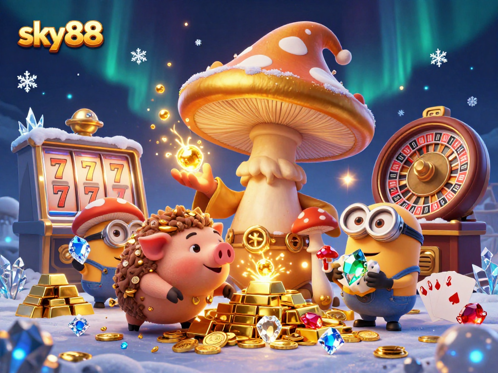 Engage with sky88’s immersive casino scene featuring a wizard and treasure, illustrating gaming excitement.