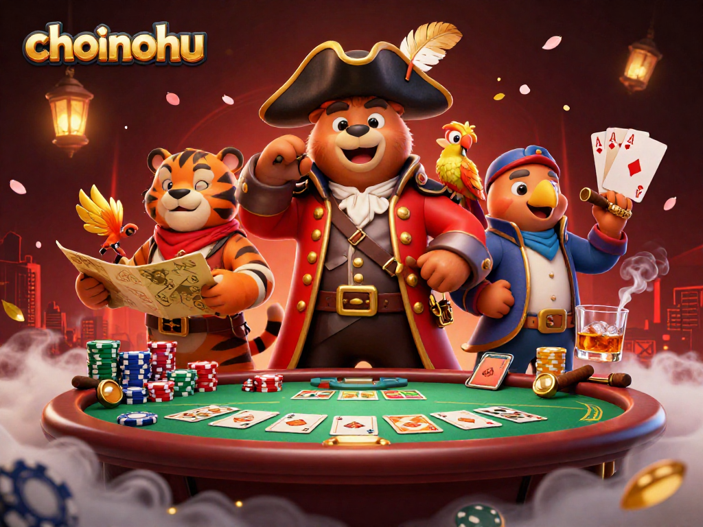 Choinohu enhances the online gambling experience with a thrilling poker scene featuring animated characters.