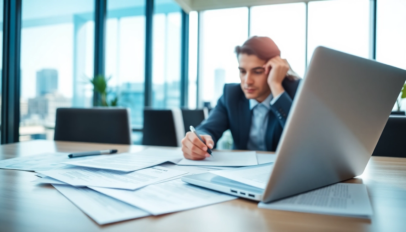 Headhunter IT analysiert Bewerbungen in einem modernen Büro mit Laptop und Dokumenten.
