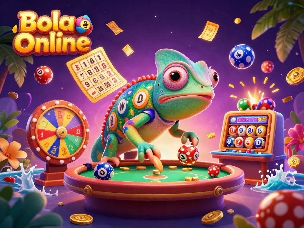 Bola Online chameleon casino owner catching golden coins and lottery balls in a vibrant casino scene.