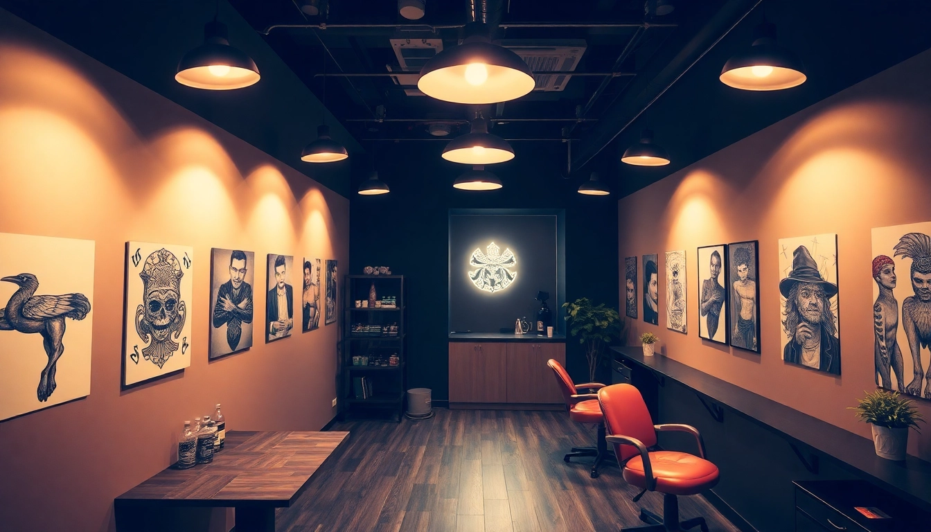 Tattoo Studio München mit fokussiertem Künstler, der ein detailreiches Tattoo an einem Kunden anfertigt, unter weichem Licht.