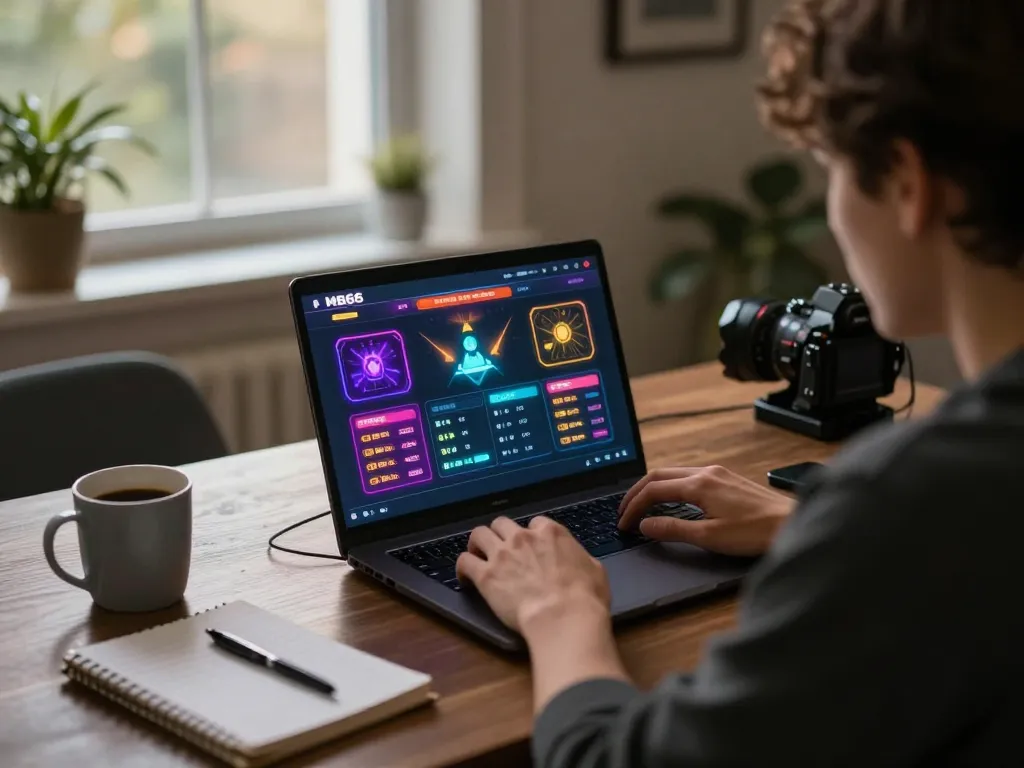 Engaging in online gambling on MB66 platform with laptop displaying betting options and cozy home atmosphere