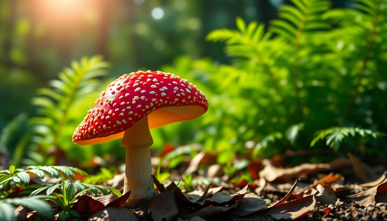 Fliegenpilz bestellen: Entdecken Sie den leuchtend roten Fliegenpilz in einer grünen Waldlandschaft.