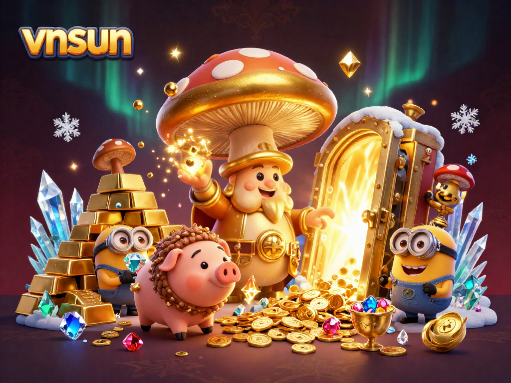 Play and win at vnsun with magical treasures in this vibrant casino scene full of riches.