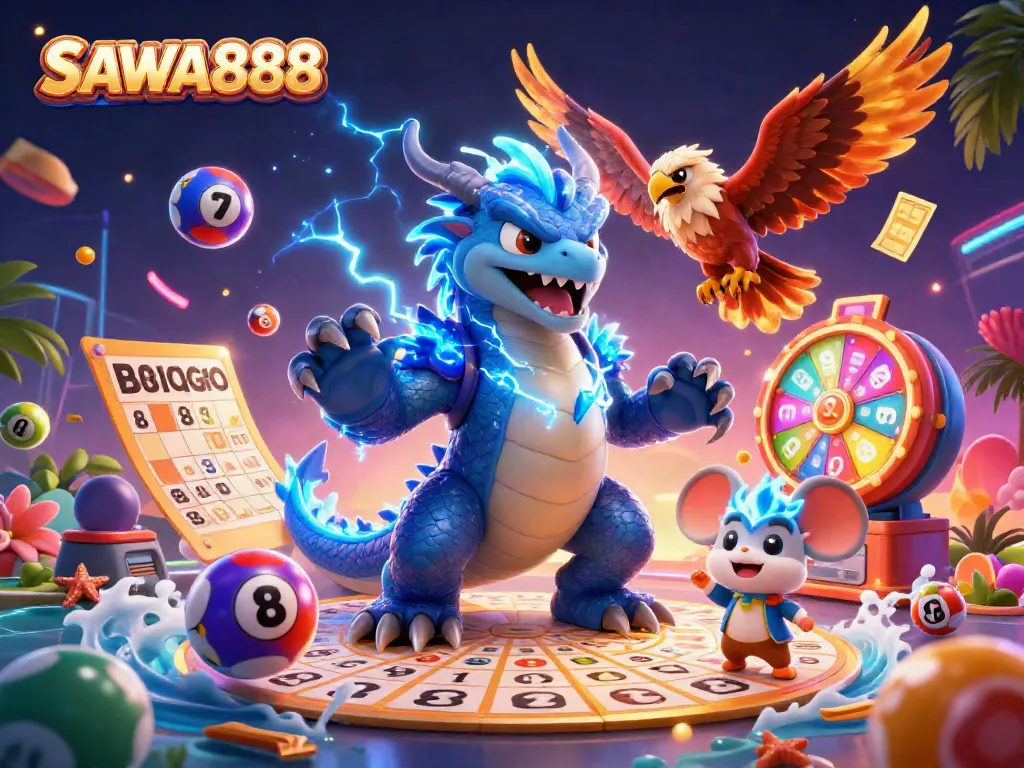 Engage with SAWA888’s dynamic casino experience featuring thrilling characters, spinning prizes, and vibrant gaming elements.