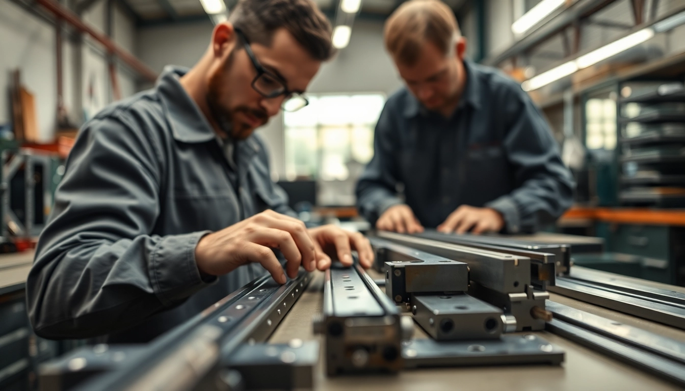 Drawer Slides Manufacturer zeigt Fachkräfte bei der präzisen Montage von Schubladenschienen in einer Werkstatt.