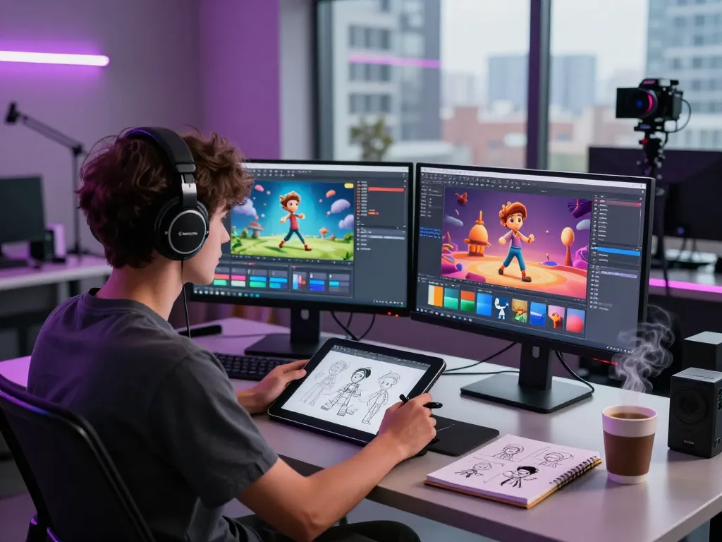Animator utilizing motion control technology in a high-tech video studio.