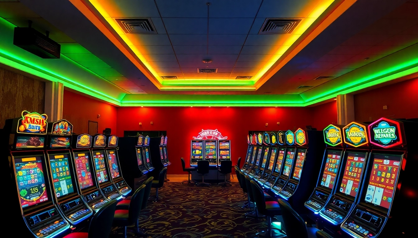 Gewinne mit dem Casino Bonus in einem stilvollen Spielraum voller lebendiger Spielautomaten und Neonlichter.