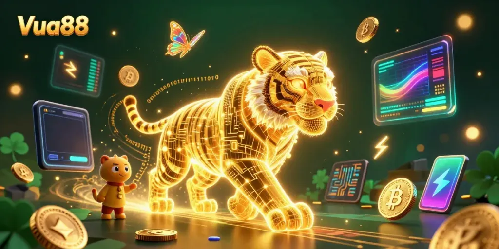 Experience vibrant gaming at Vua88 with a golden tiger, crypto coins, and a digital casino atmosphere.