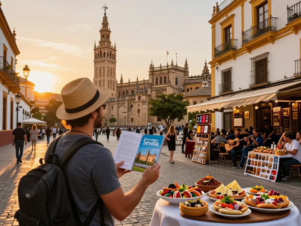 Reisetipps Sevilla hervorgehoben, während Reisende die lebendige Tapas-Kultur und beeindruckende Architektur erkunden.