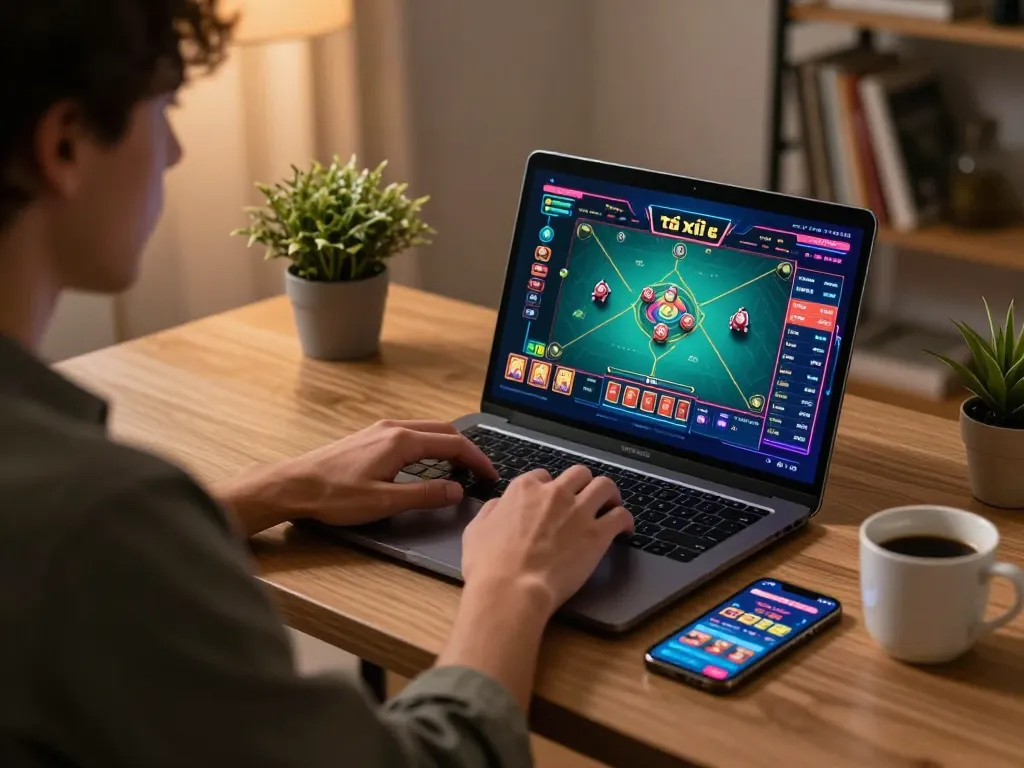 Player engaging in game tài xỉu on a laptop in a cozy modern workspace with ambient lighting.